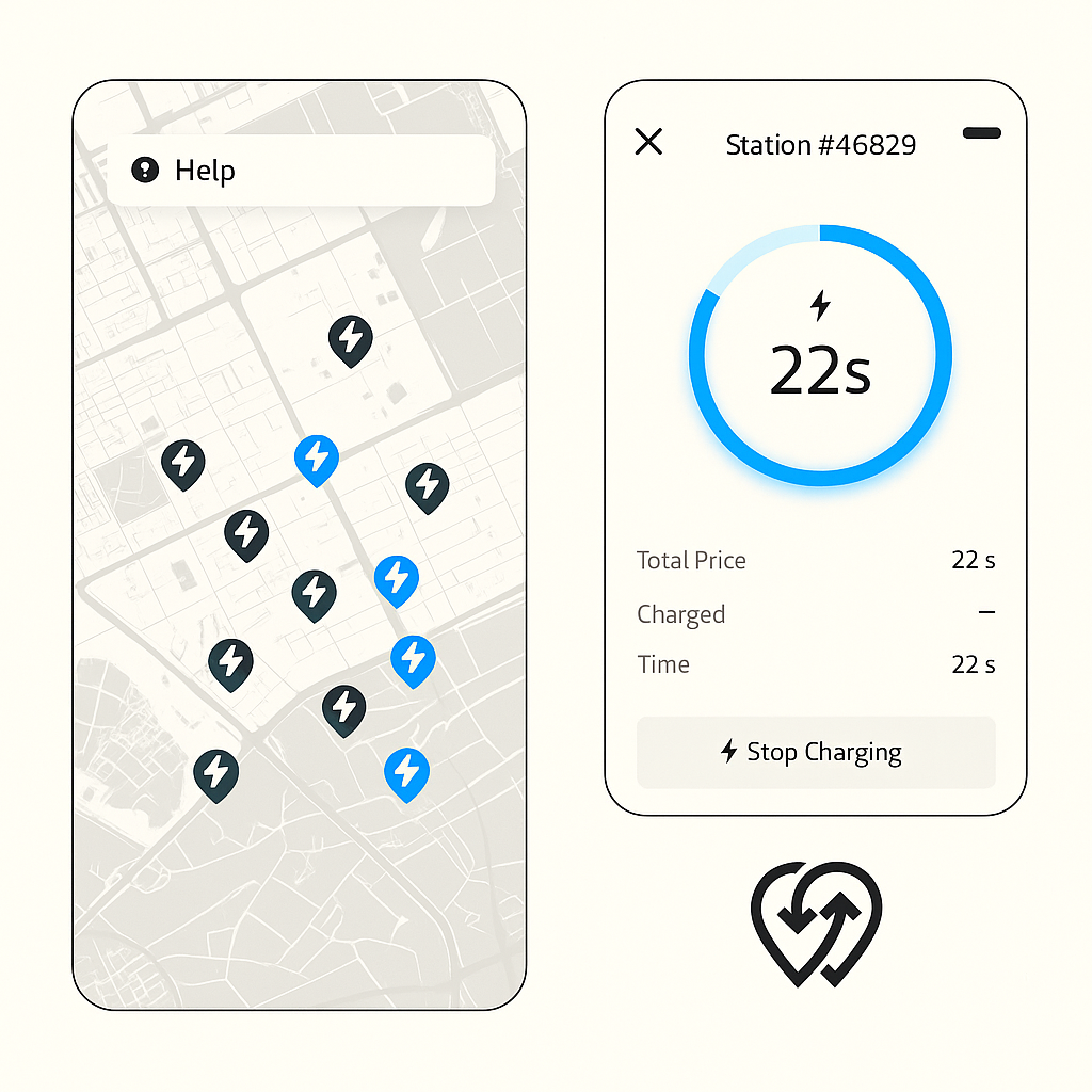 EV charging app interface powered by API integration, showing real-time station data and charging session metrics, supporting Powerly’s scalable API plans.