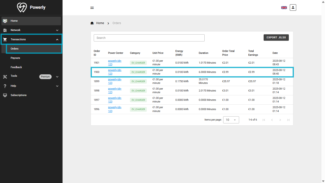 Viewing OCPP EV charger orders in Powerly dashboard Feedback menu