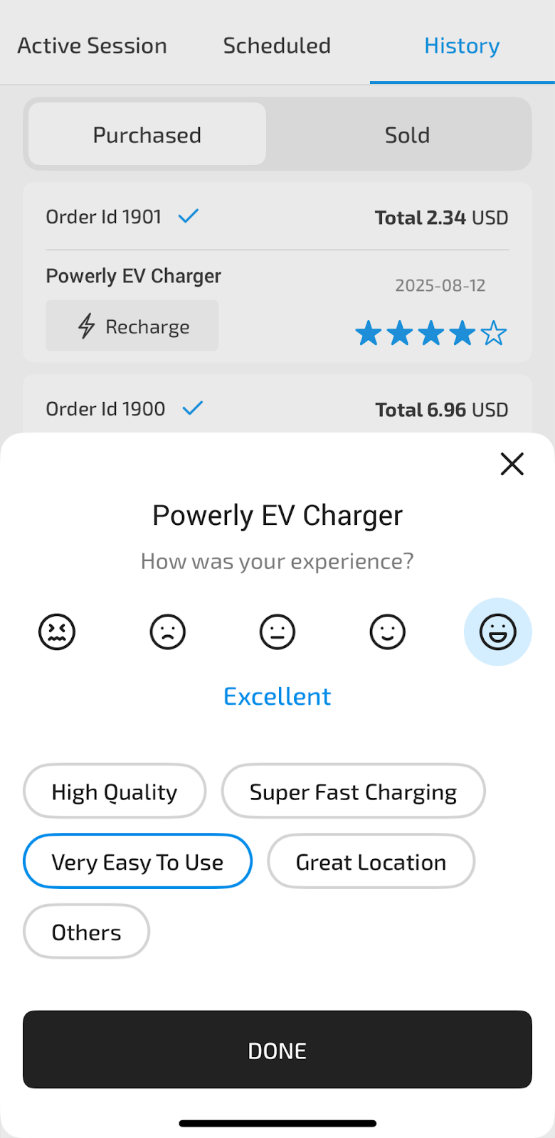 History page displaying completed OCPP EV charging sessions in Powerly app