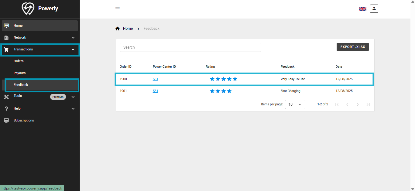 Viewing OCPP EV charger feedback in Powerly dashboard Feedback menu