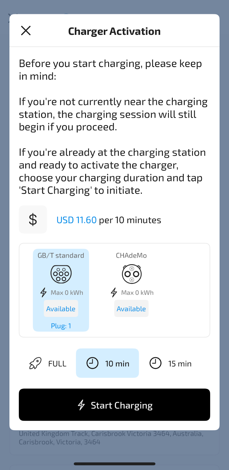 Start OCPP Charging button in Powerly mobile app