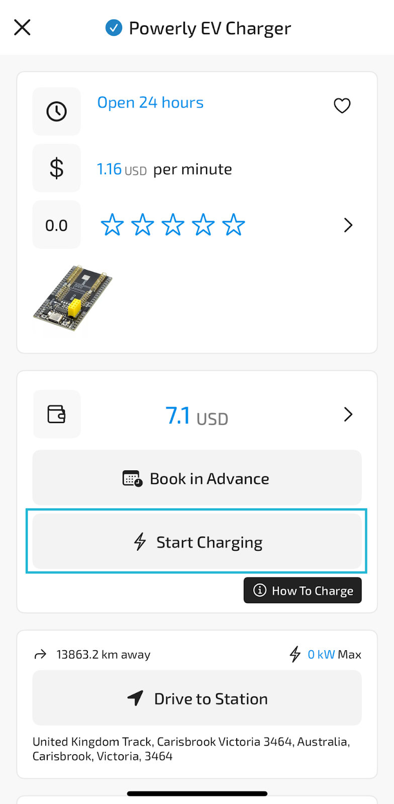Powerly app showing OCPP EV Charger details and connectors