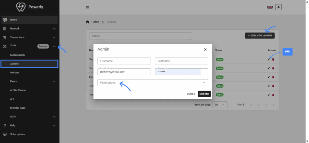 Powerly’s charging management system: Manage accounts for your Admins.