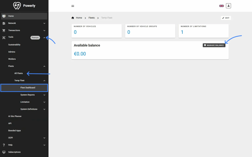 Powerly’s charging management system: Manage EV fleets, including balance, limits, reports, vehicles, and drivers.