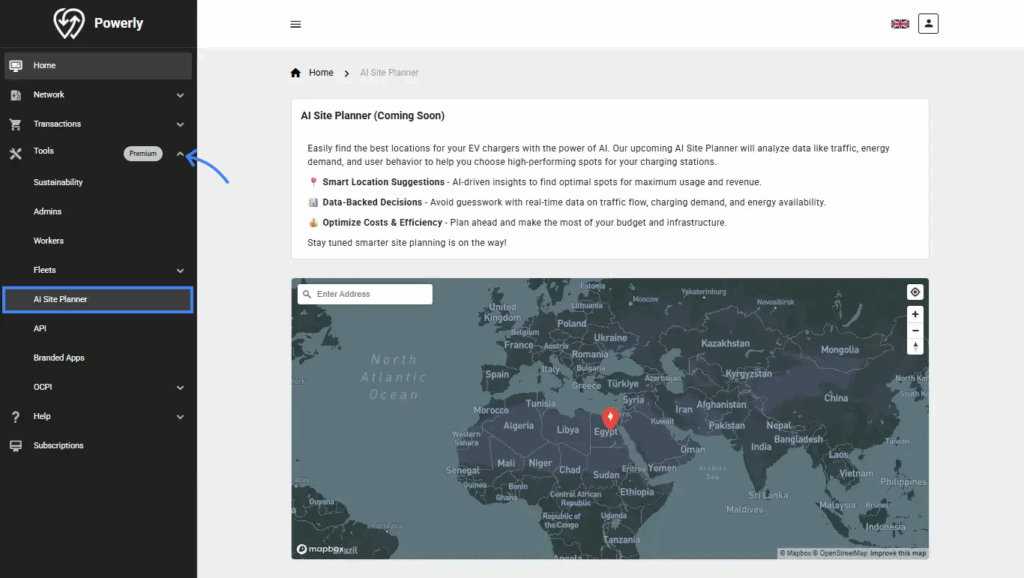 Powerly’s charging management system: Manage EV fleets, including balance, limits, reports, vehicles, and drivers.