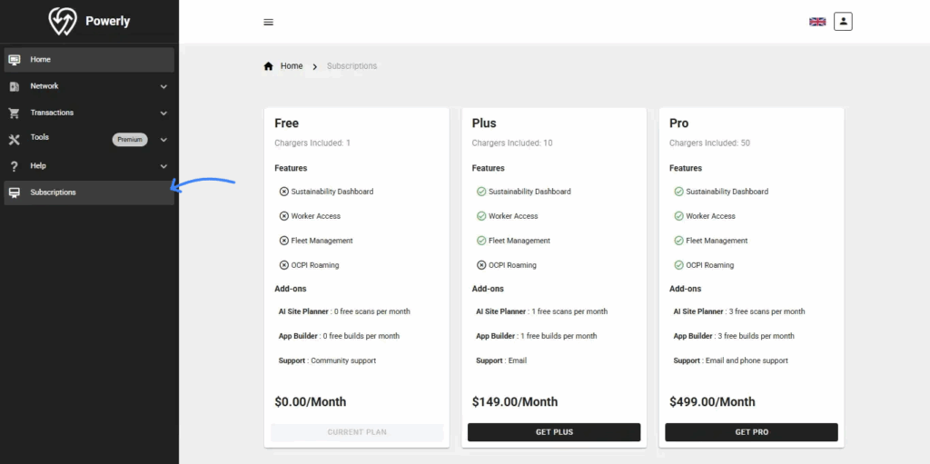 Powerly Charging Management Software: Manage your subscription plan and billing details.