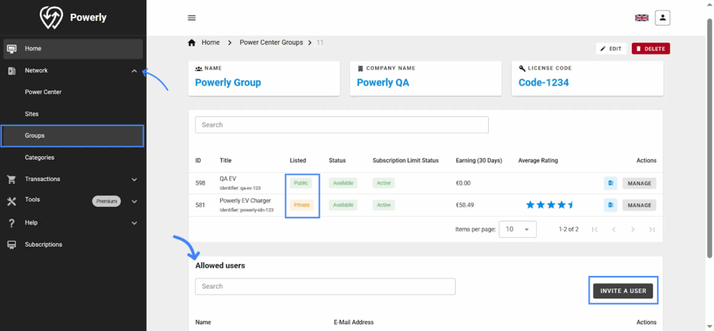 Groups for fleets, regions, or customer types by Powerly Charging Management System