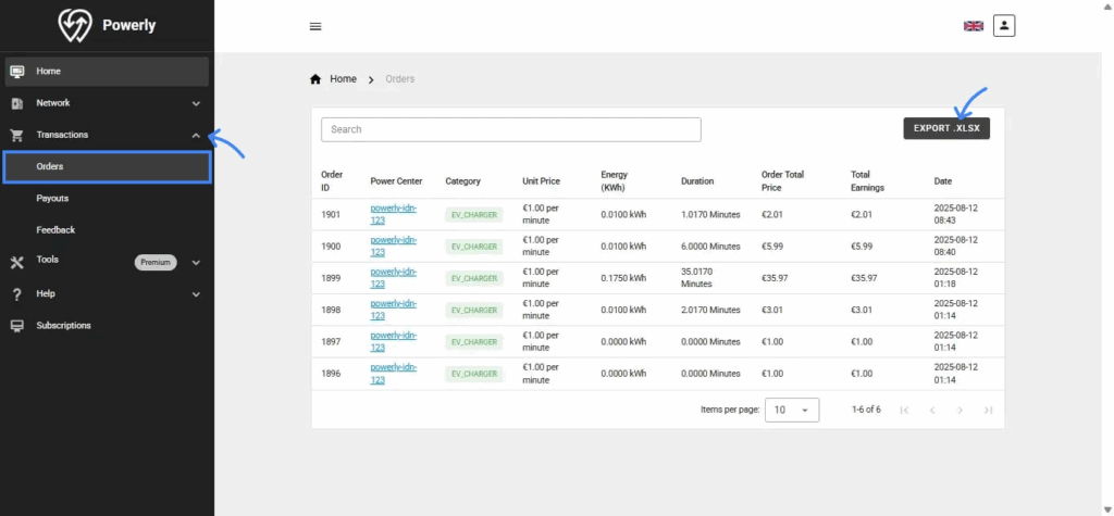 Powerly Charging Management System: Track active charging sessions orders, and view all past charging session records.